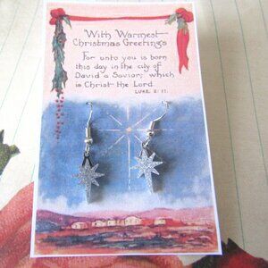 Bethlehem Star Acrylic Silver Sparkle Dangle Earrings Luke 2:11 Card Gift Bag